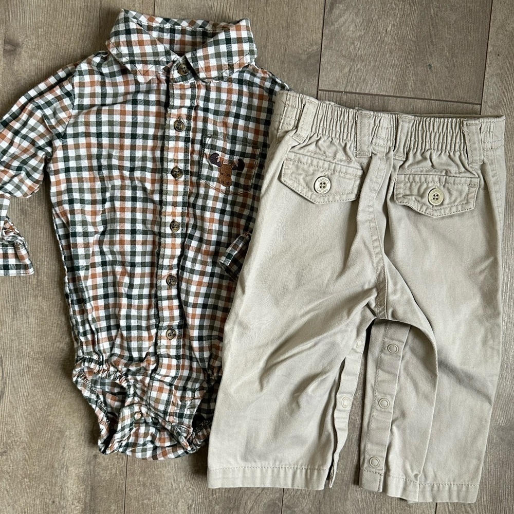 Vintage Carter’s Khaki Dress Pants + Moose Plaid Button Down 9m Baby Boy Outfit